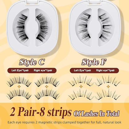 QUEWEL 2 Pairs Magnetic Eyelashes, Reusable No Glue Needed Magnetic Eyelashes Kit with Applicator Lash Clusters Kit without Eyeliner Easy to Wear and Remove (G-YC-C+F01)