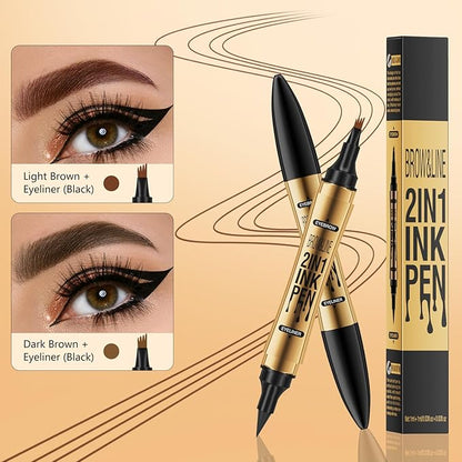 2 in 1 Magic Eyebrow Pencil,2024 Upgrade 3D Microblading Eyebrow Tattoo Pencil 4 Fork Tip with Eyeliner,Double Head Microblading Eyebrow Pencil Waterproof Makeup Tools (Dark Brown)