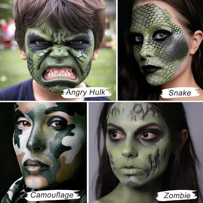 UCANBE Jungle Green Face Body Paint Makeup Foundation, Non-Toxic Cream Greasepaint, Face Painting Kit for for Kids & Adult Halloween Parties, Monster Witch Orcs Hulk Camo Hunting SFX Cosplay Costumes
