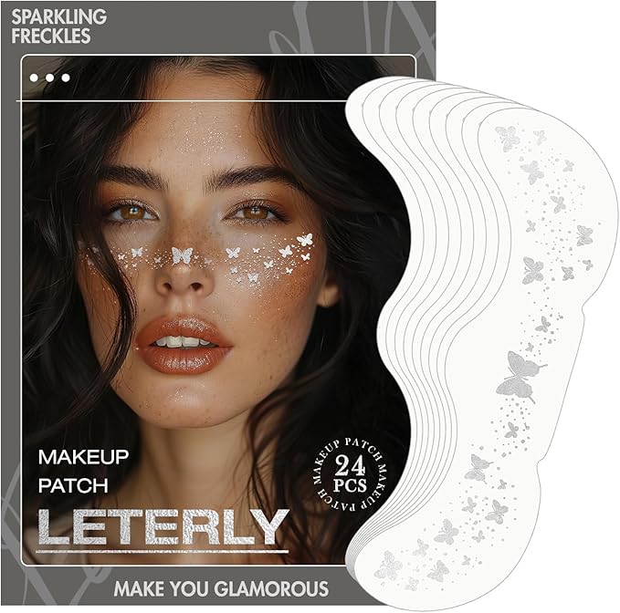 24 Pcs Glitter Freckles Face Tattoo,Silver Face Glitter Makeup Patches Cute Sparkle Freckles Patches Waterproof Makeup Speckles for Face Accessories for Women Girls