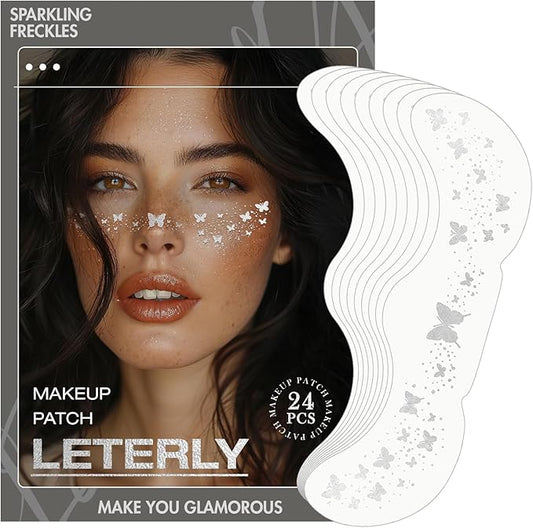 24 Pcs Glitter Freckles Face Tattoo,Silver Face Glitter Makeup Patches Cute Sparkle Freckles Patches Waterproof Makeup Speckles for Face Accessories for Women Girls