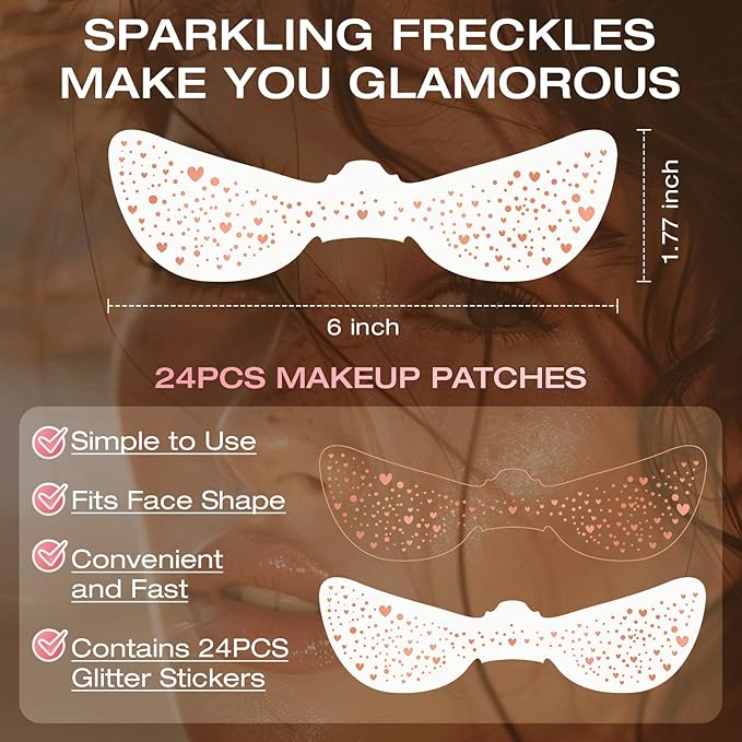 24 Pcs Glitter Freckles Face Tattoo,Rose Gold Face Glitter Makeup Patches Cute Sparkle Freckles Patches Waterproof Makeup Speckles for Face Accessories for Women Girls