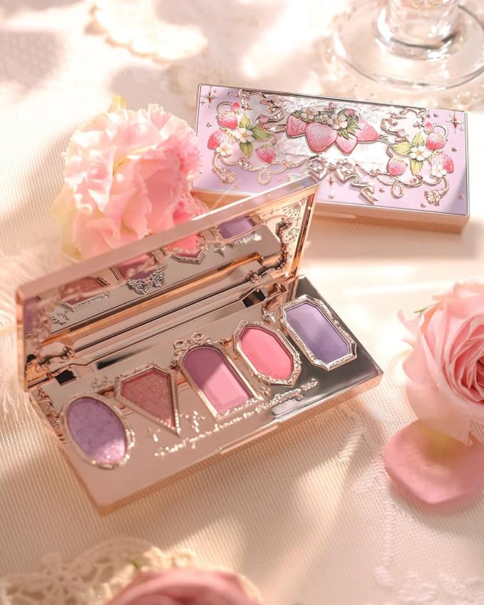 Flower Knows Violet Strawberry Rococo Eyeshadow Palette - 3 Matte+2 Shimmer Purple Shades,Long-lasting,Easy-to-apply & Highly Pigmented Eye Shadow(G01 Starmoon Strawberryl,0.37 Oz)