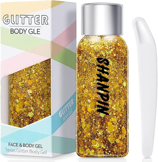 SHANPIN Gold Body Glitter, Chunky Glitter Gel Makeup for Face Hair Nails, Sparkling Mermaid Sequins for Women Face Body Glitter Gel, Glitter Face Paint for Women Rave Festival
