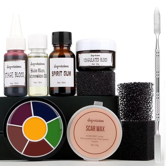 Halloween SFX Makeup Kit - Scar Wax with Spatula, Spirit Gum,Skin Wax Extension Oil,Scab Coagulated Blood, Stipple Sponges,Fake Blood,Bruise Wheel for Special FX,Halloween Theatrical Makeup