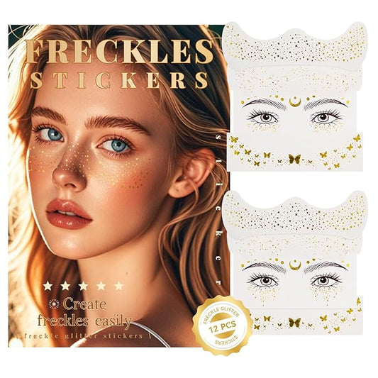 Glitter Freckles Face Tattoo, 12PCS Speckles Patches, Glow Up Makeup Festival Rave Accessories for Women, Sparkle Cosmetic for Face