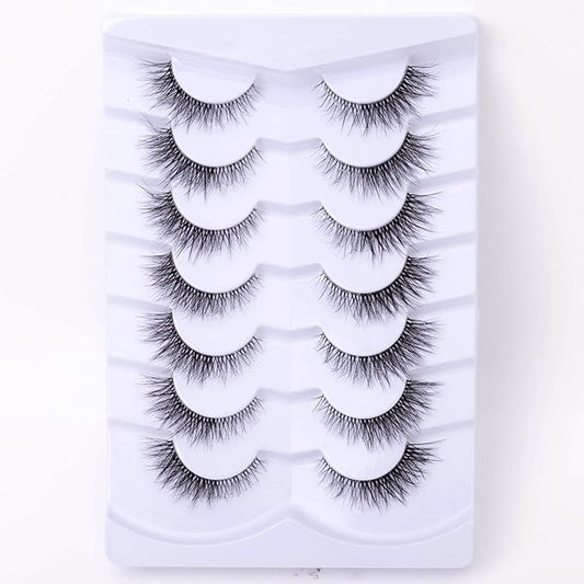 Fake Eyelashes 8mm Wispy Natural Lashes Fluffy Clear Band Cat Eye False Eyelashes Short - 7 Pairs, ZT95