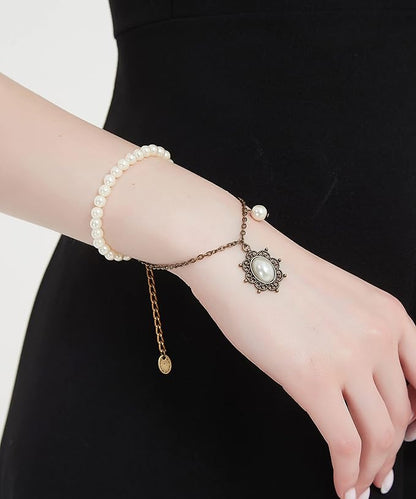 Gothic Pearl Lace Steampunk Wristband Vintage Pearl Pendant Tassel Lace Hand Chain with Finger Ring Lolita Lace Hand Accessories for Women and Girls (Style 7)