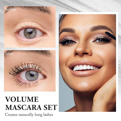 Waterproof Mascara, Black Volume and Length Lashes, Long Lasting No-Smudging Curl Mascara, Thick Mascara with Eye Makeup Aid Tool, False Lash Effect