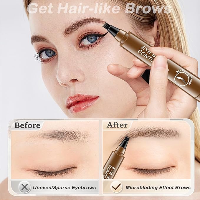 3PCS Eyebrow Pen, 2025 New Upgraded Waterproof Eyebrow Pen with 4-Prong Micro-Fork-Tip Applicator, Liquid Eyebrow Pen for Women Creates Natural Looking Brows Effortlessly, LT+DK+Brown
