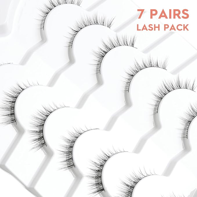 False Eyelashes Wispy Lashes Natural Look 12mm Cat Eye Eyelashes 3D Volume Natural Lashes 0.1MM Thin Band Strip Lashes Siligli Eye Lashes C Curl 7 Pair