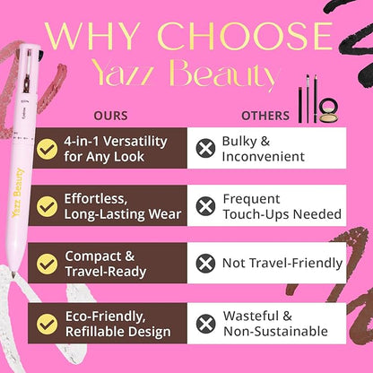 YazzBeauty - 4 in 1 Makeup Touch Up Pen with Berry Lip Liner, Black Eyeliner, Medium Brown Eyebrow Pencil, and White Shimmer Highlighter, Compact Beauty Pen, Smudge Proof, Vegan, Cruelty-Free