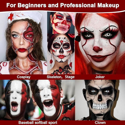 Black White Red Clown Face Paint Makeup, DE'LANCI Halloween Makeup Kit Professional White Black Body Paint, Waterproof Joker Sfx Pennywise Face Paint Zombie Vampire Skeleton Costume