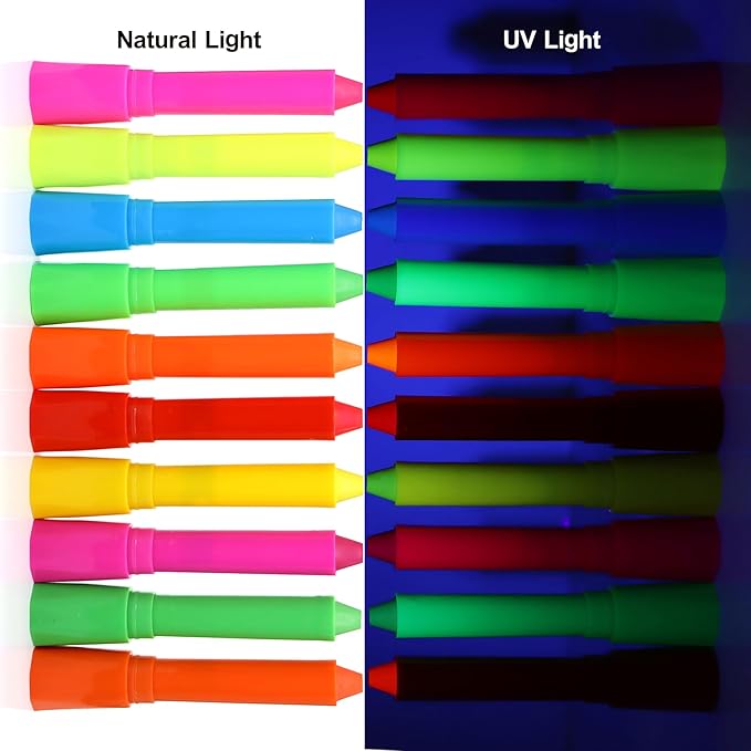 UV Neon Face & Body Paint Stick -10 Glow-in-the-Dark Colors for Halloween, Parties, Raves-Safe Non-Toxic UV Reactive Makeup for Skin, Cosplay & Festivals