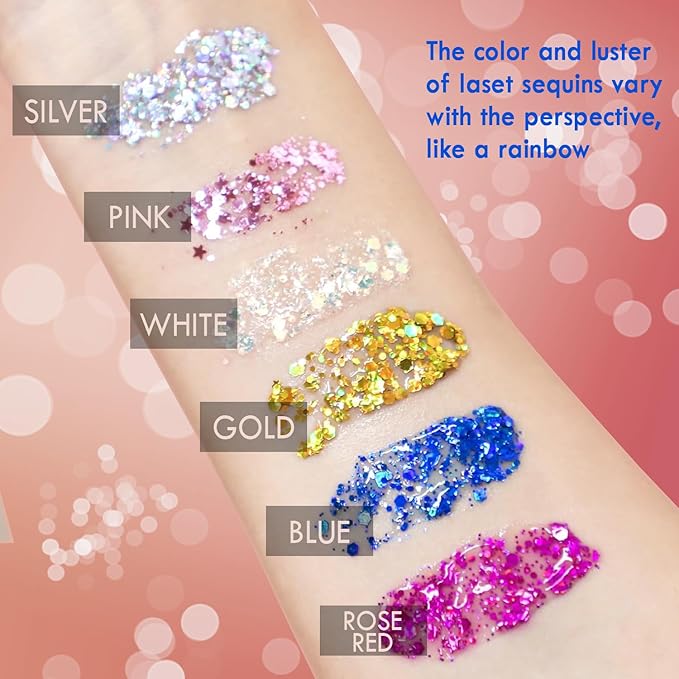 JASSINS 2 Pack Face Body Glitter, 100ml Silver White Glitter Gel Makeup for Women Girls Kids, Singer Concerts Festival Rave Accessories, Chunky Mermaid Sequins Glitter