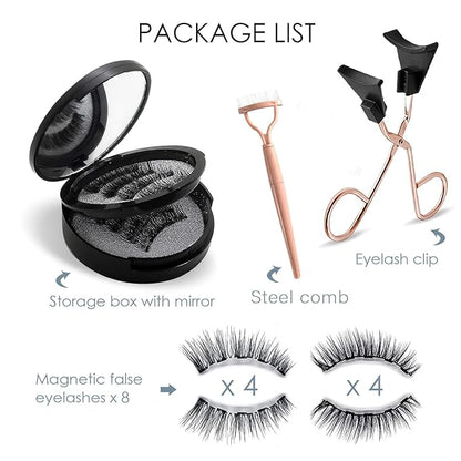 Magnetic Eyelashes, 3D Natural Look Dual Magnetic Lashes Kit with Applicator & Eyelash Comb, without Eyeliner, Reusable & Waterproof False Eyelashes, 8 Count