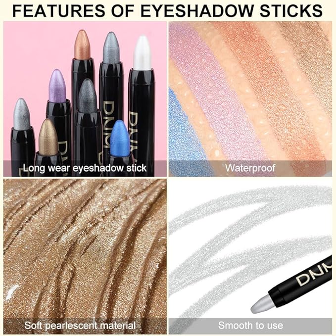 Kaely 8Pcs Cream Eyeshadow Stick Set for Older Women, Pearl White Black Gray Khaki Royal Blue Vioiet Purple Silver, Matte Shimmer Eyeliner Pencil Eye Shadow Sticks Palette Makeup, sombras para ojos