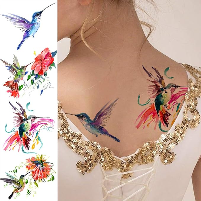15 Sheets FANRUI 3D Watercolor Hummingbird Temporary Tattoos For Women Girl Small Multicolor Hummer Birds Tattoo Temporary Colorful Flower Fake Face Tatoo Kids Tiny Hands Waterproof Tatto Adult Tato