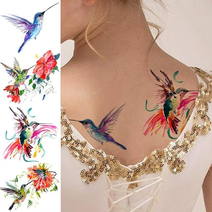 15 Sheets FANRUI 3D Watercolor Hummingbird Temporary Tattoos For Women Girl Small Multicolor Hummer Birds Tattoo Temporary Colorful Flower Fake Face Tatoo Kids Tiny Hands Waterproof Tatto Adult Tato