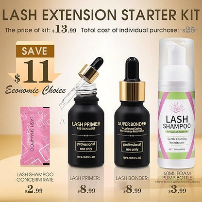 Lash Bonder Primer and Shampoo Kit for Eyelash Extensions, Glue Accelerator Lash Sealant, Pre-treatment Primer Protein Oil Cleanse Remover, Makeup Tools for Professional Use (15ml+15ml+60ml)