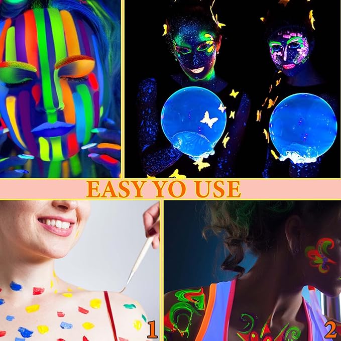 6 PCS Glow Body Paint Set,Glow in Dark Face Glitter Paint Body Glow Powder Neon Party Supplies Facial Highlighter Kits for Adults&Kids,Body Makeup