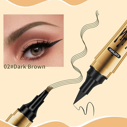 QIC 2 in 1 Microblading Eyebrow Pen with Eyeliner Pencil,3D Waterproof Magic Eyebrow Pencil with 4 Fork Tip Multifunctional Double Head Microblade Eyebrow Pencil Waterproof and Long-Lasting (Gray)