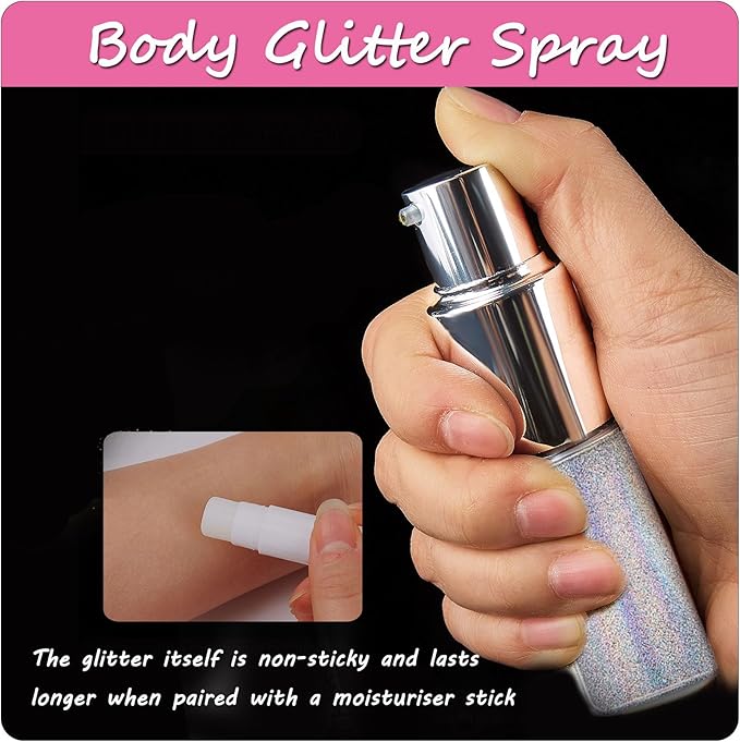 Hair Glitter Spray,Sliver Glitter Spray for Hair and Body Face Glitter Spray Long-Lasting Glitter for Hairspray Clothes Makeup Festival Stage Crafts(with Moisture Stick)