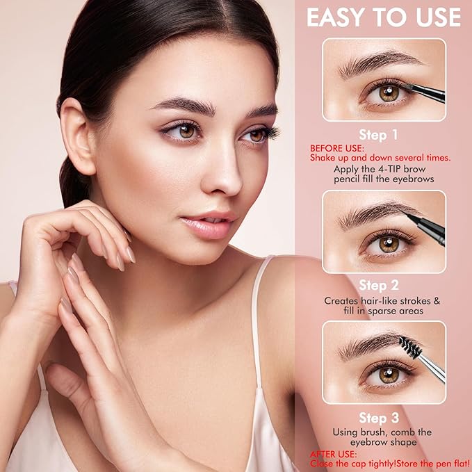 Eyebrow Pencil,2-in-1 Waterproof Eyebrow Pen with 4 Tip Brow Pen and Ultra-Precise Brow Pencil,with Dual-ended Eyebrow Brush,Eyebrow Makeup for Natural Looking Eyebrows - KYN Dark Brown