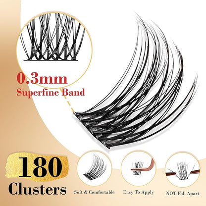 Lash Extensions Kit with 180 PCS Individual Lash Clusters, Eyelash Tweezers for Lash Extensions, Lash Bond and Seal Waterproof, Clusters Lash Glue Remover Easy to Apply at Home