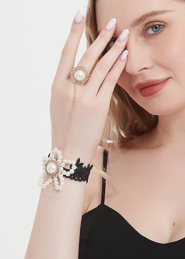 Gothic Pearl Lace Steampunk Wristband Vintage Pearl Pendant Tassel Lace Hand Chain with Finger Ring Lolita Lace Hand Accessories for Women and Girls (Style 8)