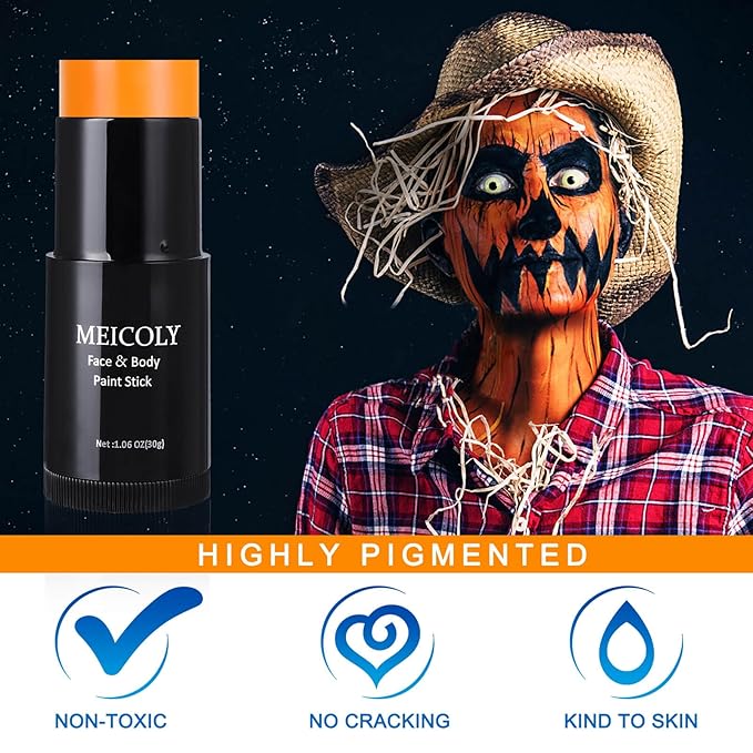 MEICOLY Orange Face Paint Stick(1.06 Oz),Cream Blendable Full Body Paint Stick,Orange Eye Black Baseball,Sweatproof Waterproof Face Painting for Halloween Pumpkin Special Effects SFX Cosplay Makeup