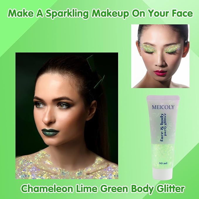 MEICOLY Chameleon Lime Green Body Glitter,Chunky Face Glitter for Halloween,Color Changing Mermaid Face Glitter Gel,Holographic Glitter Sequin for Face Body Hair,Festival Party Cheer Glitter Makeup