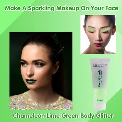 MEICOLY Chameleon Lime Green Body Glitter,Chunky Face Glitter for Halloween,Color Changing Mermaid Face Glitter Gel,Holographic Glitter Sequin for Face Body Hair,Festival Party Cheer Glitter Makeup