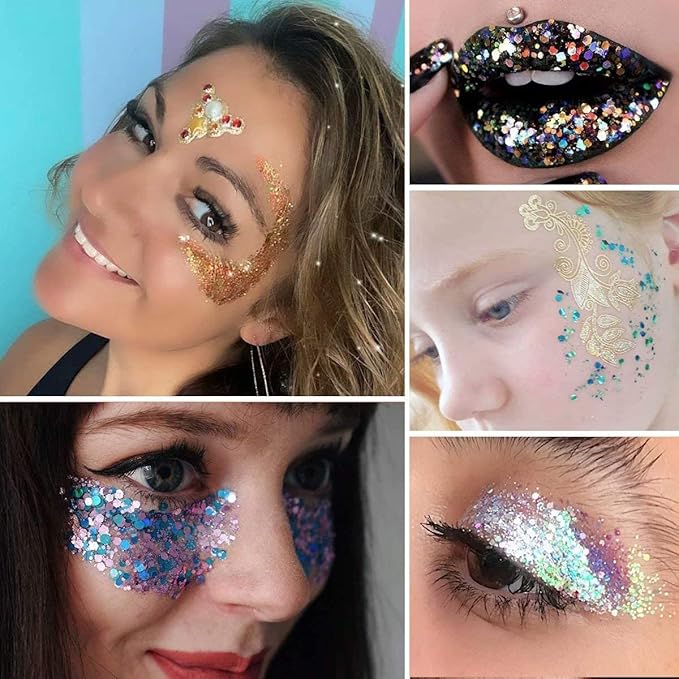 Holographic Chunky Glitter, Set of 12, Licool Craft Glitter for Resin Art Crafts, Cosmetic Glitter for Nail Body Face Eye, Epoxy Resin Sequin Flake Sparkle for Slime Tumbler Jewelry Making