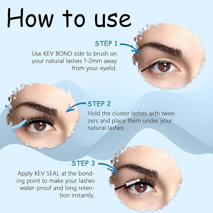 KevKev Lash Bond and Seal Waterproof Bond and Seal Lash Glue for Lash Clusters Mascara Wand Cluster Lash Glue Eyelash Bond and Seal Strong Hold for 72 Hours Avoid Stickiness (5ml+5ml)