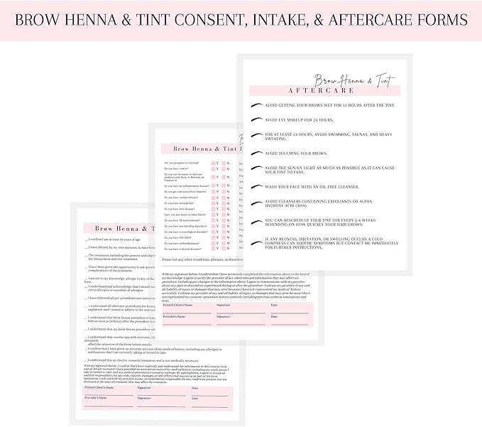 Brow Henna and Tint Intake Forms, Consent, and Aftercare Instruction Cards | 75 pk, 25 of Each | for Client Signature Medical History Information 8.5x11” A1
