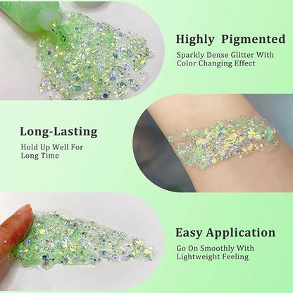 MEICOLY Chameleon Lime Green Body Glitter,Chunky Face Glitter for Halloween,Color Changing Mermaid Face Glitter Gel,Holographic Glitter Sequin for Face Body Hair,Festival Party Cheer Glitter Makeup