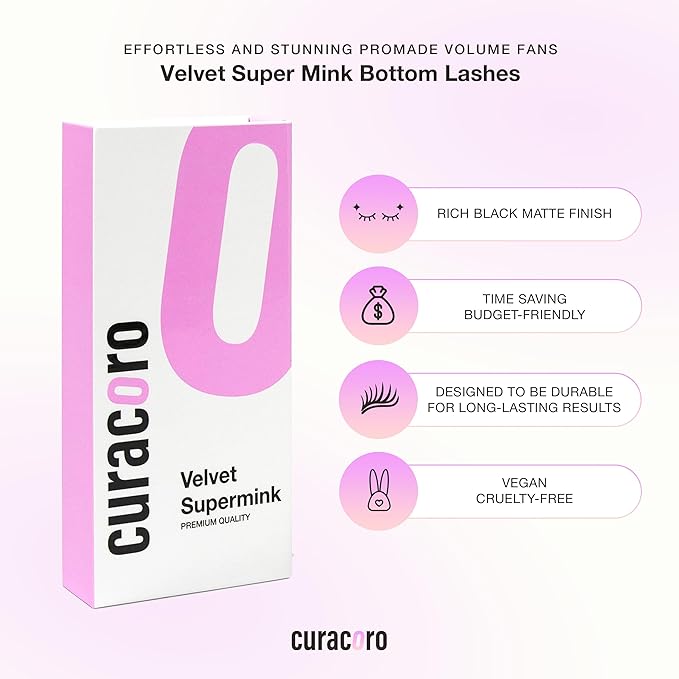 Curacoro Super Mink Bottom Lash Extension, Multi Selections from 0.07 to 0.1, J Curl, 5-8mm Length Mixed Tray Silk Eyelashes, Matte Black Finish, Natural Looking Individual Eyelash Extensions