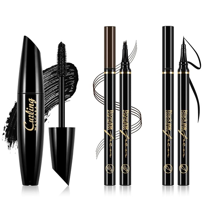 Boobeen 3 in 1 Eye Makeup Set with Liquid Eyeliner Pen, Microblading Eyebrow Pencil and Volume Mascara for Eyelashes, Quick-dry Waterproof Formula, Long Lasting Smudge-proof All Day Natural Eye Look