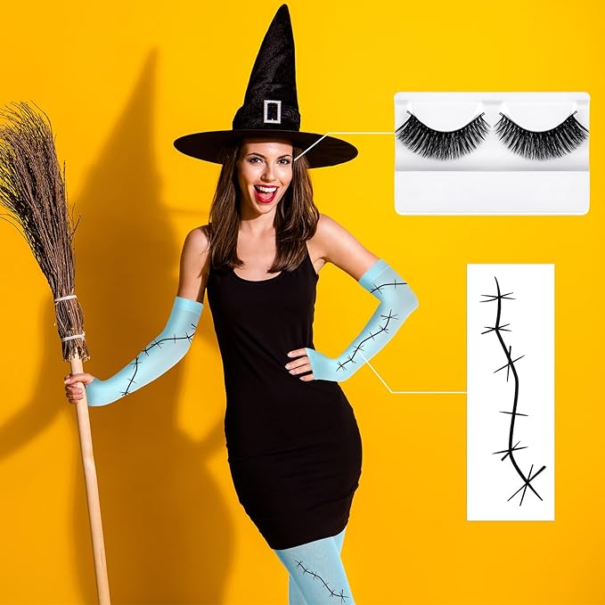 Costume Accessories Include 20 Halloween Scars Stitches Tattoos Footed Tights Arm Sleeves Halloween False Lashes(Blue)