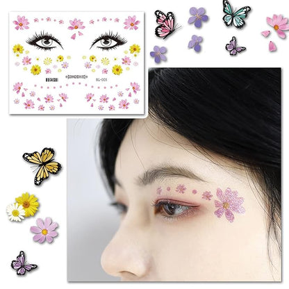 Eye Shiny Butterfly Flower Stickers Facial Body Glitter Butterfly Makeup Stickers for Women Girls Waterproof Temporary Fake Flower Tattoo Sticker for Halloween Costume Party Facial Body Decoration 6 sheets