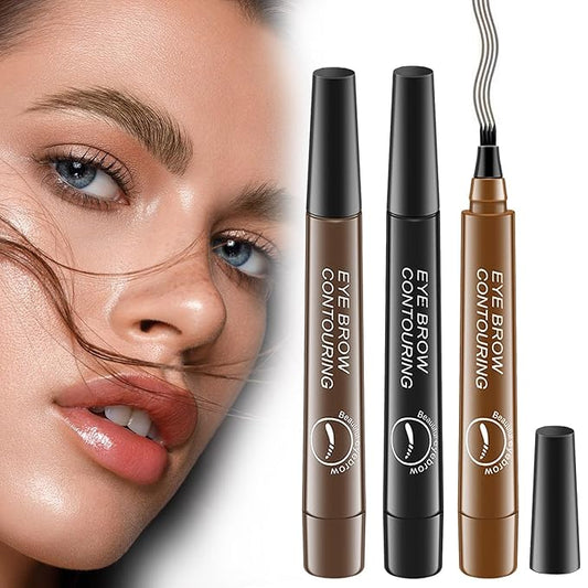 3 Color-Magic Eyebrow Pencil, 3D Waterproof Microblading Eyebrow Pen 4 Fork Tip Tattoo Pencil, Dark Brown Black Medium Brown Eyebrow Pencil for Women Creates Natural Looking Brows (3 Color)