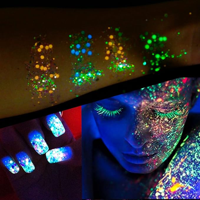 Glow in The Dark Chunky Glitter 12 Boxes Luminous Iridescent Glitter Tiffany Rose Yellow Flakes for Face Eyes Body Hair DIY Nail Art Decals (A)