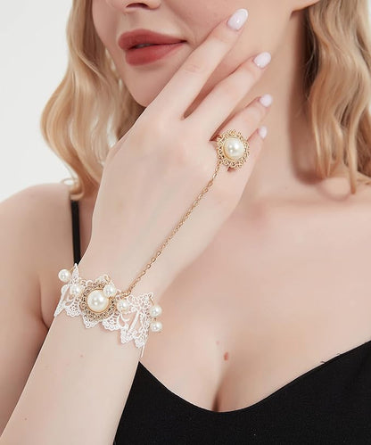 Gothic Pearl Lace Steampunk Wristband Vintage Pearl Pendant Tassel Lace Hand Chain with Finger Ring Lolita Lace Hand Accessories for Women and Girls (Style 2)