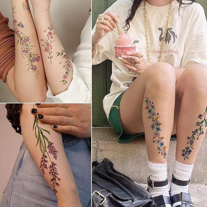 Tazimi Watercolor Temporary Tattoos For Women Girls-24 Sheets Colorful Flower Lavender Rose Vine Forget-me-not Plum Blossoms Wild flowers Realistic Waterproof Tattoo Stickers Body Art