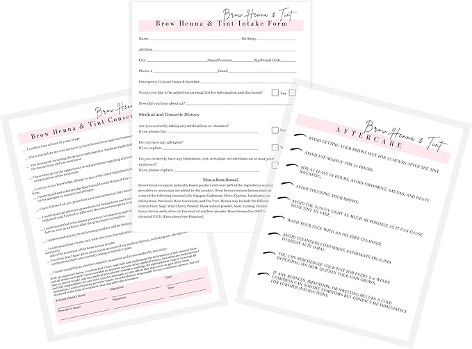 Brow Henna and Tint Intake Forms, Consent, and Aftercare Instruction Cards | 75 pk, 25 of Each | for Client Signature Medical History Information 8.5x11” A1
