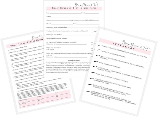 Brow Henna and Tint Intake Forms, Consent, and Aftercare Instruction Cards | 75 pk, 25 of Each | for Client Signature Medical History Information 8.5x11” A1