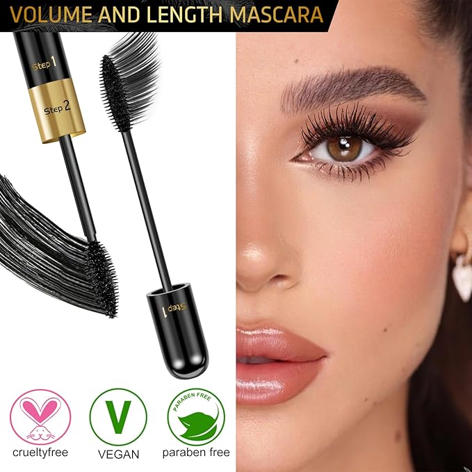 Mascara Black Volume and Length & Microblading Eyebrow Pen Dark Brown, 4D Silk Fiber Mascara Natural and False Effect, Waterproof Hair Like Natural Liquid Eyebrow Pencil