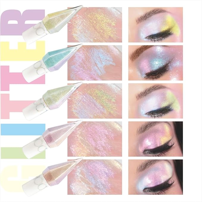 5 Pcs Glitter Eyeliner Liquid Eyeshadow Diamond Colorful Set with Shimmer and Waterproof for Gift Eye Glitter Makeup（Colourful）