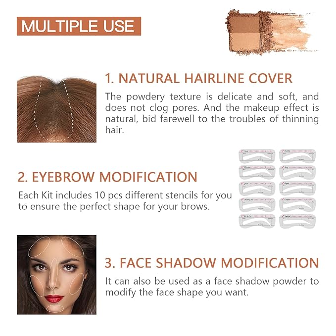 Eye-Brow Stamp Stencil Kit, Waterproof Brow Stamp Shaping Kit Eyebrow Definer, Eyebrow Filling Powder Stamp, Women Makeup Tools with 10 Reusable Eyebrow Stencils, 2 Eyebrow Brushes(Natural Brown)